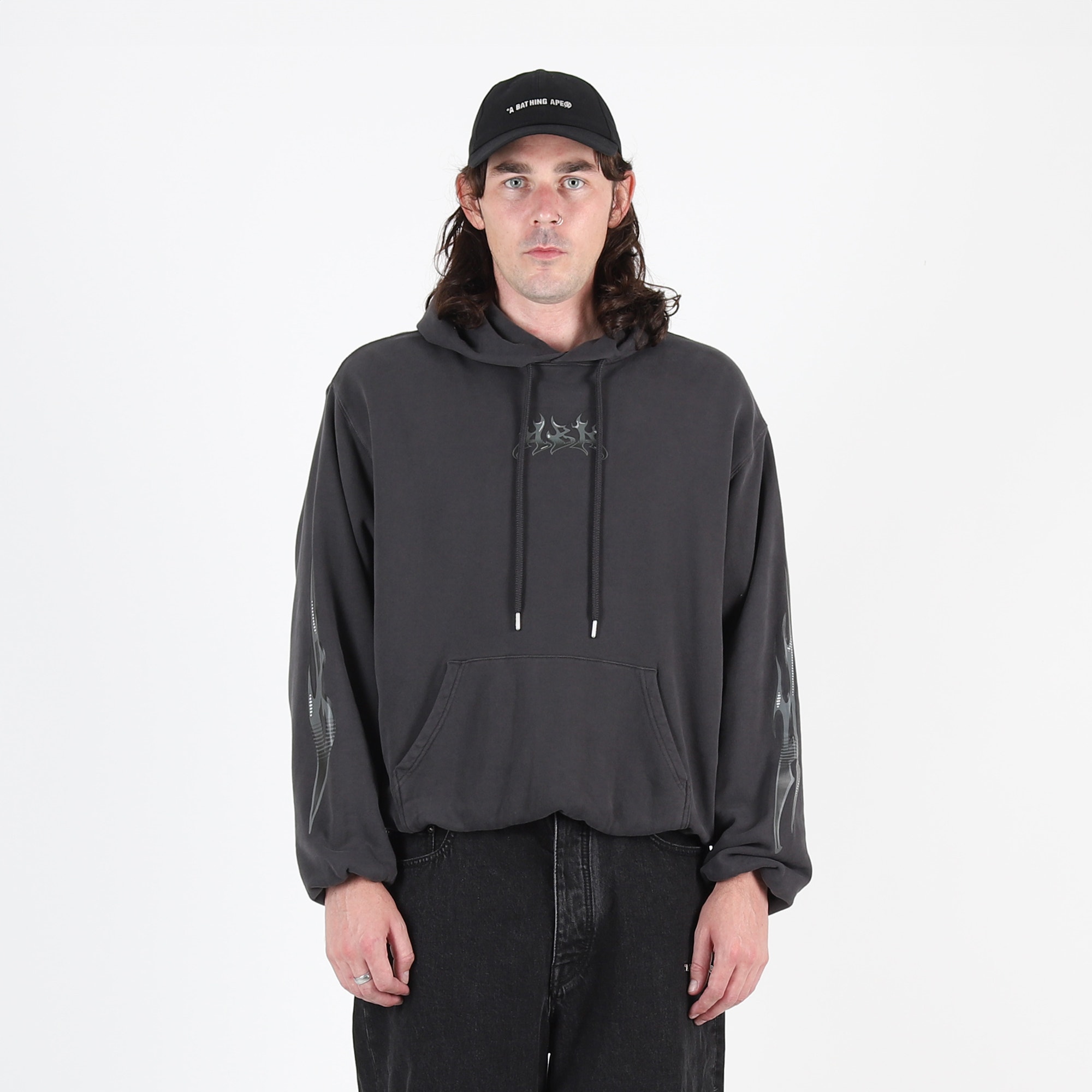 Flame Garment Dyed Pullover Hoodie - Black product photo