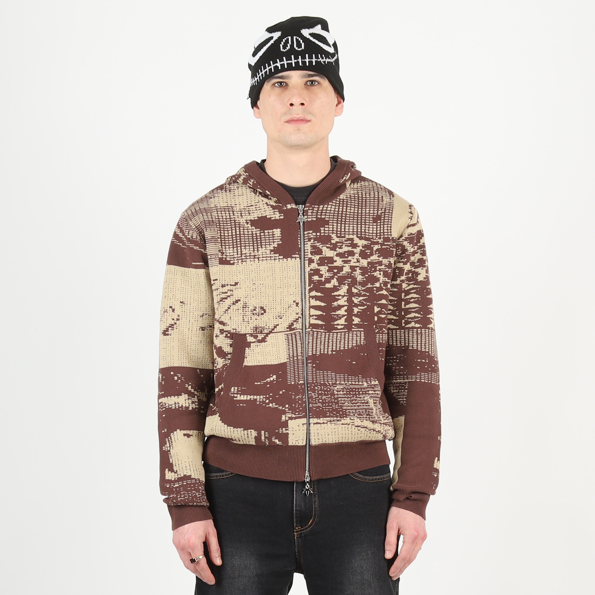 Sup Pixel Knit Zip Up - Brown Jacquard product photo