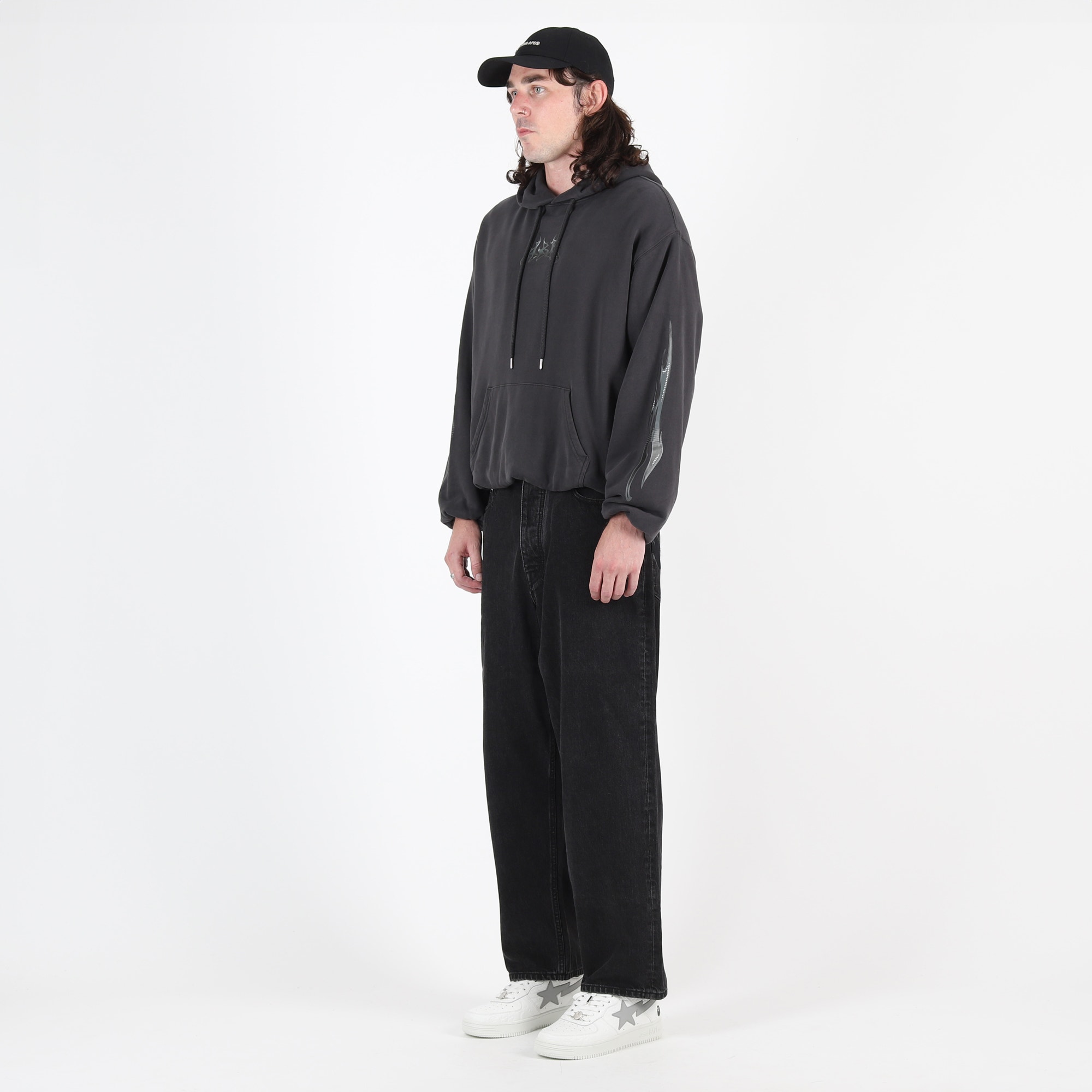 Flame Garment Dyed Pullover Hoodie - Black product photo