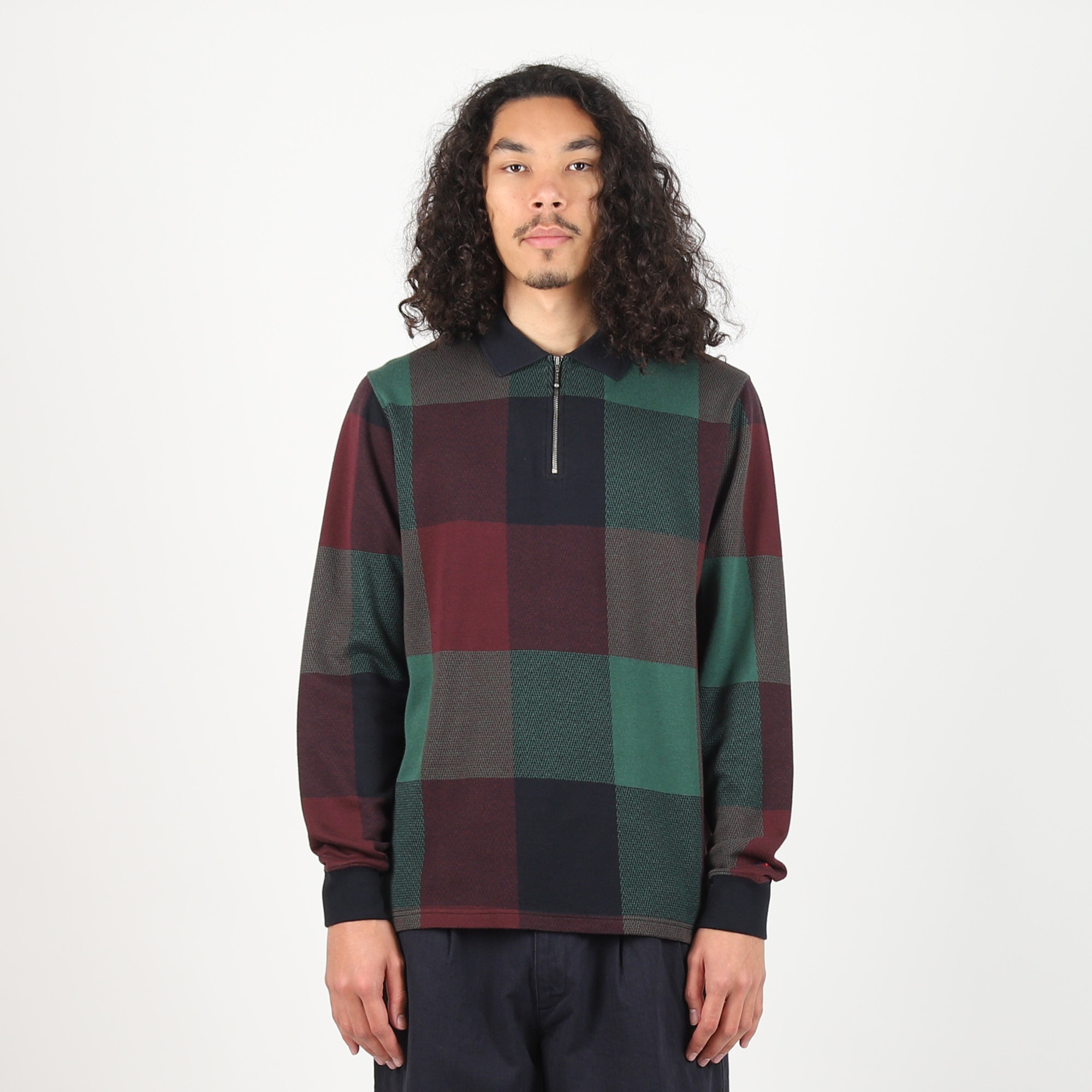 Buffalo Plaid Zip Polo - Navy/Burg/Green product photo