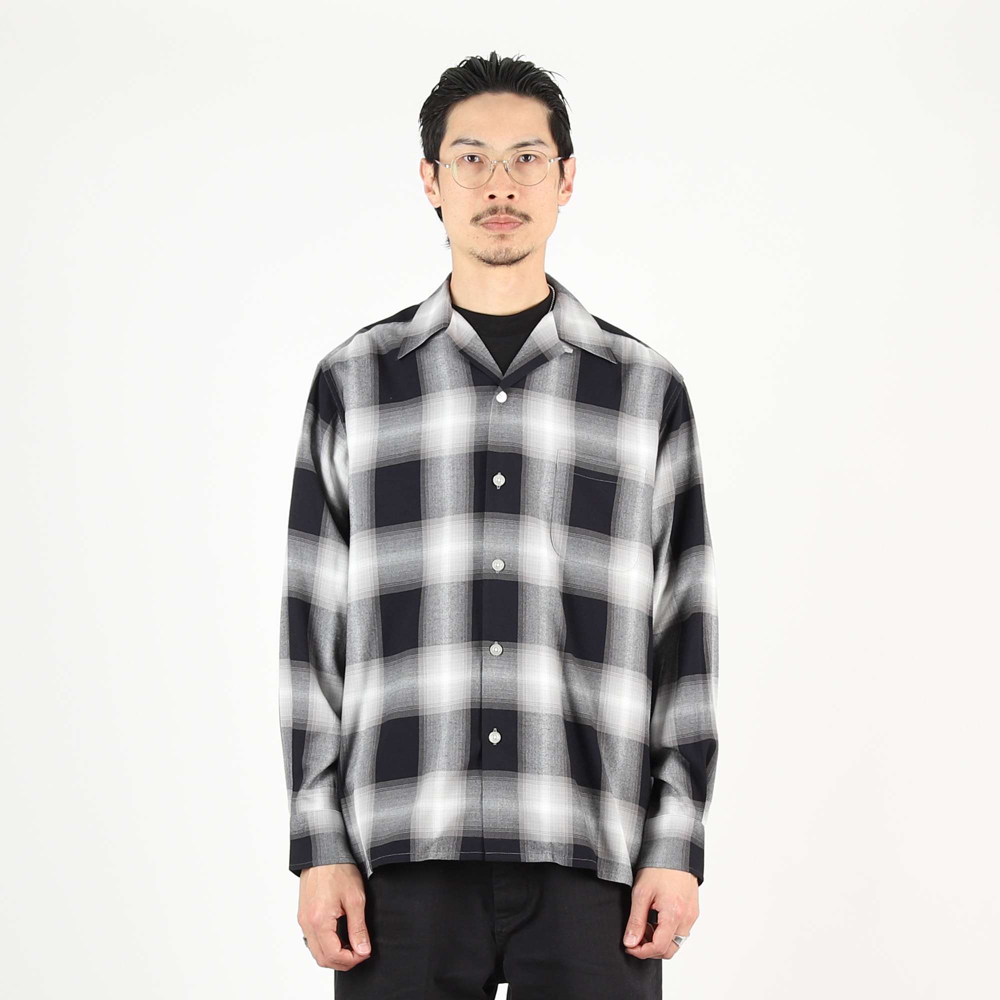 Ombre Check Open Collar LS Shirt - Grey product photo