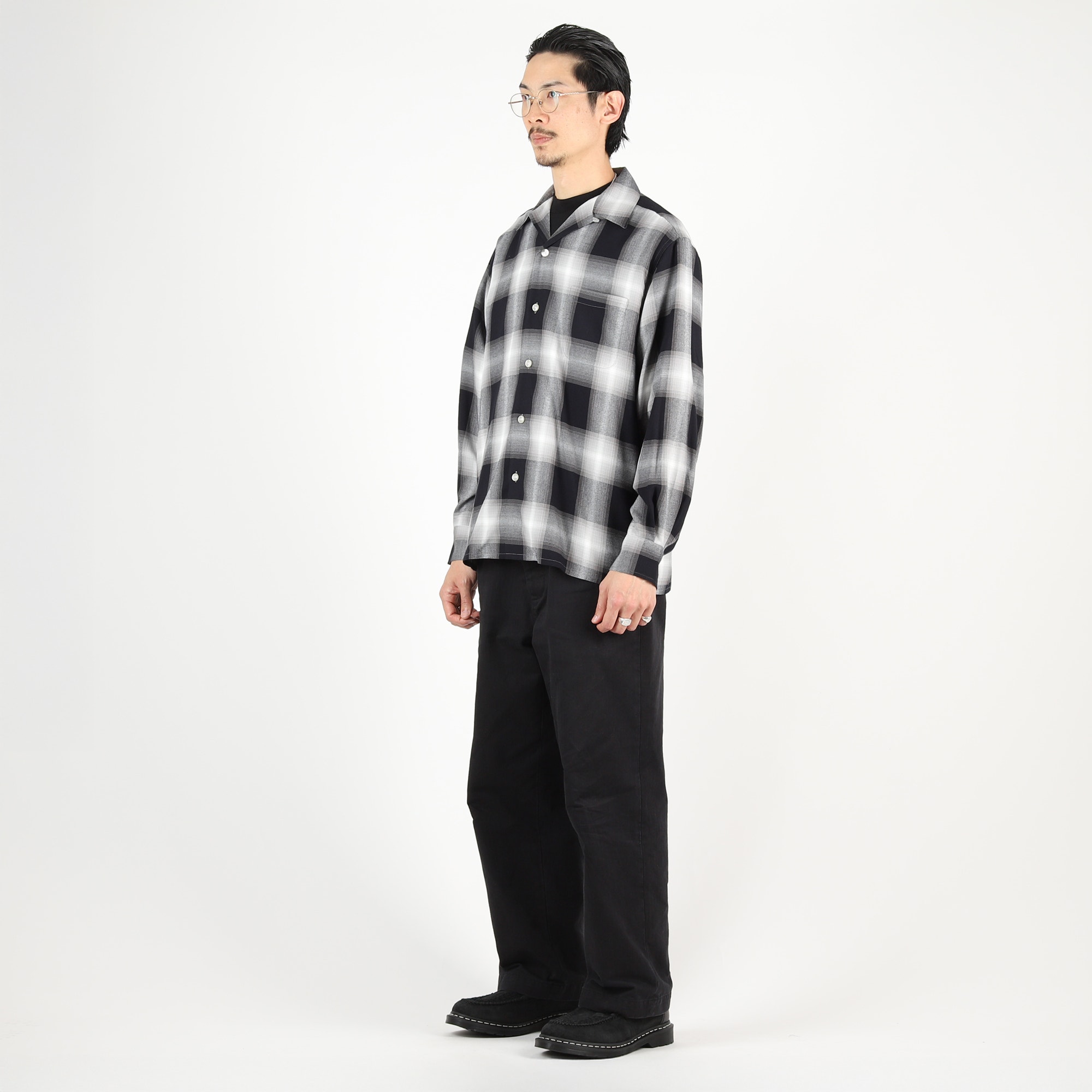 Ombre Check Open Collar LS Shirt - Grey product photo